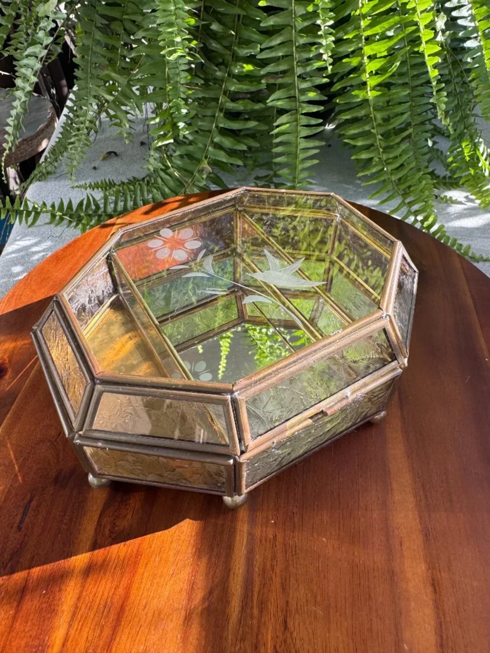 Vintage Etched Glass & Brass Jewellery Box – Hummingbird & Floral Design